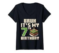 Donna 7 ° Compleanno Pixel Gaming 7 Anni Gamer Bday Ragazzi Bambini Maglietta con Collo a V