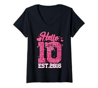 Donna 7° Compleanno Ragazza Pink Coquette Bow Hello Seven 7 Year Maglietta con Collo a V