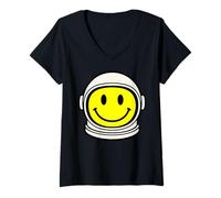 Donna 70s Retro Astronauta Giallo Sorriso Faccia sorridente Felice Divertente Maglietta con Collo a V