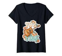Donna 70's Vibe Divertente Chitarra retrò Party Boho Hippie Pace Vintage Maglietta con Collo a V