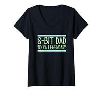 Donna 8-Bit Dad 100% Leggendario Retro Gaming Videogioco Daddy Nerd Maglietta con Collo a V