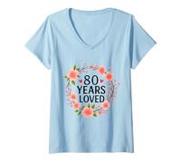 Donna 80 Years Loved Floral 80th Birthday Women 80 Years Old Maglietta con Collo a V