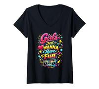 Donna 80s Classic Girls Just Wanna Have Fun Retro Throwback Divertente Maglietta con Collo a V
