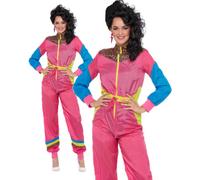 Donna 80s Sci Abito Neon Rosa Rewind Tuta IN Acetato Adulds Rétro Costume