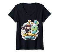 Donna 9 Anni Compleanno Ninja Ragazzi Nove 9th Kids Nineth Party Maglietta con Collo a V