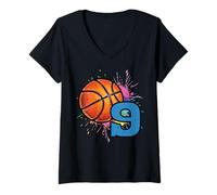 Donna 9° Compleanno Basket 9 Anni Bday Sport Ragazzi Bambini Maglietta con Collo a V