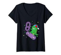 Donna 9° Compleanno Dino su Skateboard Boy Maglietta con Collo a V