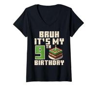 Donna 9° Compleanno Pixel Gaming 9 Anni Gamer Bday Ragazzi Bambini Maglietta con Collo a V