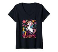Donna 9 Is My 9th Birthday Unicorno Fiori Cuori Maglietta con Collo a V