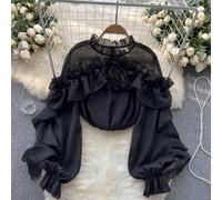 Donna a Balze Fiore Velato Rete Camicetta Manica Sbuffo Rétro Larga Trasparente