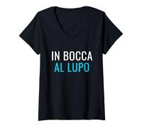 Donna A Bocca al Lupo Portafortuna con Stile Italiano Maglietta con Collo a V