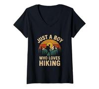 Donna A Boy Who Loves Hiking Retro Vintage Nature Camper Uomo Bambini Maglietta con Collo a V