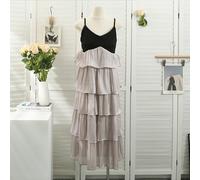 Donna a Contrasto Lungo Vestito Canotta Bretelle Sottili Strati Spiaggia Vacanza