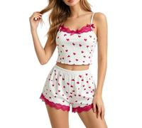 Donna A Forma Di Cuore Stampato Contrasto Colore Casa Vestiti Bow Strap Splicing Pigiama Set Due Pezzi Set Ragazza Pantofole Gufo, Rosa acceso, XL