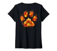 Donna A Forma di Zampe, Foglie Autunnali Autunnali, Purr Miao, Gattino, Arte sul Retro Maglietta con Collo a V