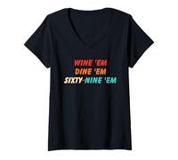 Donna Abbigliamento Wine 'Em Dine 'Em Sixty-Nine 'Em Maglietta con Collo a V