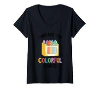 Donna Abbraccia Il colorato Chaos Crayons Kindergarten Crayon Maglietta con Collo a V