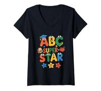 Donna ABC Superstar Cute Back to School - Alfabeto per Ragazzi e Ragazze Maglietta con Collo a V