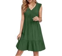Donna Abito estivo Senza maniche Scollo a V Mini abito Moda Casual Fluente Boho Increspature Linea A Swing 2025, Verde scuro, XL