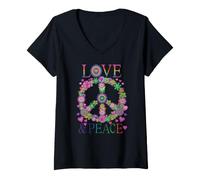 Donna Abito Hippie Peace Love Anni '60 E '70 Flower Power Maglietta con Collo a V