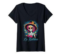 Donna Abito La Catrina Costume Elegante per Il Giorno dei Morti La Maglietta con Collo a V