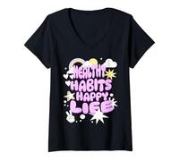 Donna Abitudini Sane Vita Felice Messaggio Retro Maglietta con Collo a V