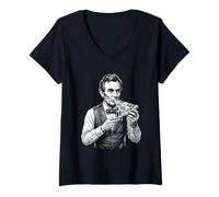 Donna Abraham Lincoln Mangiare Pizza Divertente Storia Meme Maglietta con Collo a V
