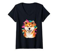 Donna Abstract Art Japanese Akita Inu Maglietta con Collo a V
