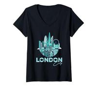 Donna Abstract London England Skyline Illustration Graphic Design Maglietta con Collo a V