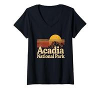 Donna Acadia National Park Vintage Montagna Tramonto Maine Escursioni Maglietta con Collo a V