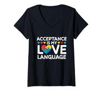 Donna Acceptance Is My Love Language Autism Awareness Puzzle Cuore Maglietta con Collo a V