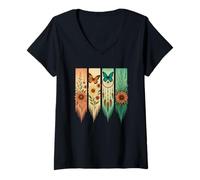 Donna Acchiappasogni farfalla Giallo, Arancione, Fiori Blu Maglietta con Collo a V