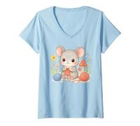Donna Acquarello Mouse Knitting Carino Cottagecore Lover Knitter Maglietta con Collo a V