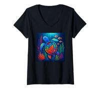 Donna Acquario vibrante delle tartarughe marine con sfondo colorato corallo Maglietta con Collo a V