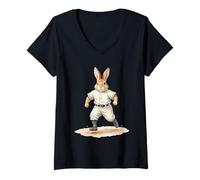 Donna Acquerello Bunny Baseball Player Coniglio Sport Design Maglietta con Collo a V