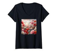 Donna Acquerello Fiori e Api Rosa e Rosso Maglietta con Collo a V