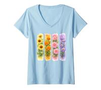 Donna Acquerello Floreale Girasoli Calendule Dalie Astri Maglietta con Collo a V