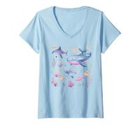 Donna Acquerello Oceano Balena Squalo Pesce Corallo Sc Maglietta con Collo a V
