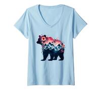 Donna Acquerello Orso con Montagna Floreale Silhouette Regali Maglietta con Collo a V