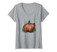 Donna Acquerello Orso Foresta Campeggio Natura Grafica Estetica Maglietta con Collo a V