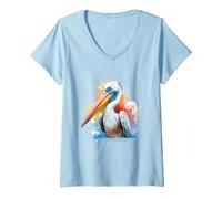 Donna Acquerello Pellicano Ritratto Colore Costiera Bird Splash Maglietta con Collo a V