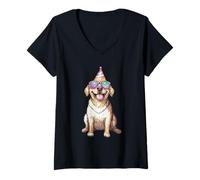 Donna Acquerello Sorridente Cappello Occhiali da Sole Pup Maglietta con Collo a V