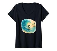Donna Acquerello Surf Scena Surfer Equitazione Wave & Coastal Vibes Maglietta con Collo a V