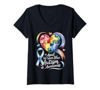 Donna Ad aprile indossiamo Il Cuore Arcobaleno Blu per la consapevolezza dell'autismo Maglietta con Collo a V
