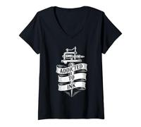 Donna Addicted To Ink Tattoo Lover Macchina per Tatuaggi Vintage Cool Maglietta con Collo a V