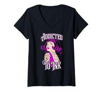 Donna Addicted To Ink - Tatuaggio Vintage retrò Ragazza Tatuata Pop Art Maglietta con Collo a V