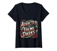 Donna Addicted To Theme Parks Divertimento sulle Montagne Russe - Maglietta con Collo a V