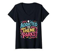 Donna Addicted To Theme Parks Roller Coaster Amusement - Maglietta con Collo a V