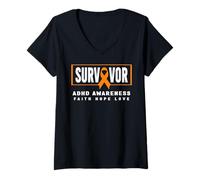 Donna ADHD Awareness Shirt - Nastro Arancione, ADHD Survivor Maglietta con Collo a V
