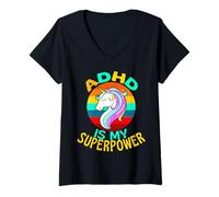 Donna ADHD è la mia Superpotenza Amante degli unicorni Maglietta con Collo a V